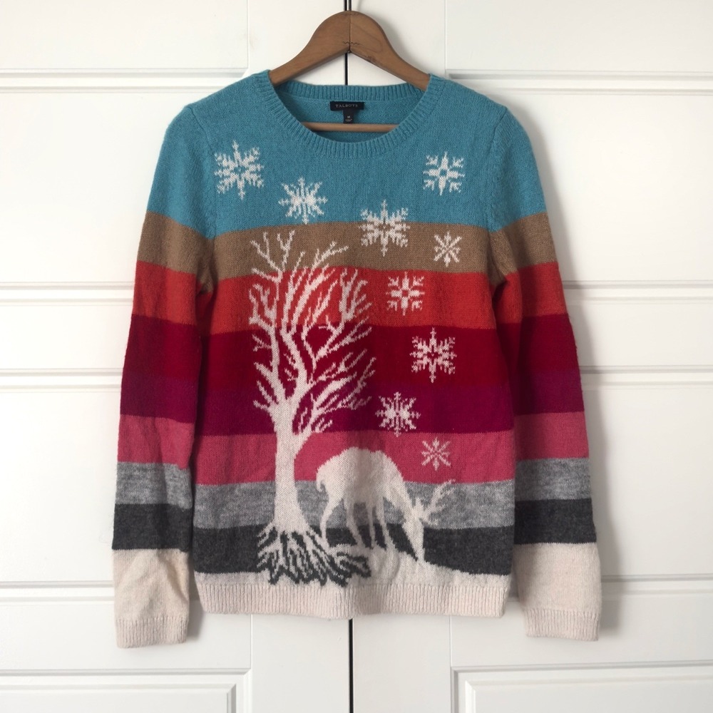 Talbots Christmas Sweater Medium Colorful Stripes Holiday Snowflakes Reindeer